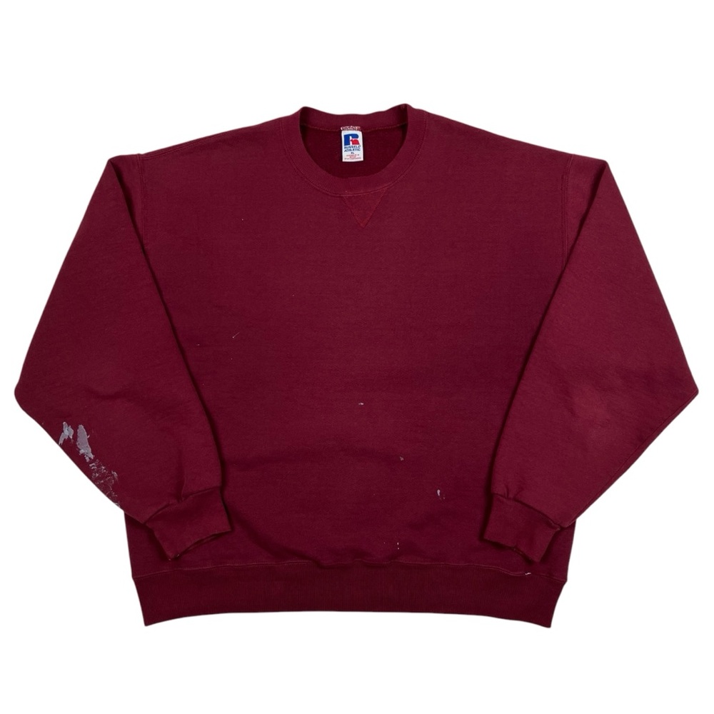Vintage 90s Russell Distressed Faded & Painted Maroon Crew Neck Sweatshirt